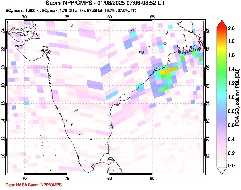 A sulfur dioxide image over India on Jan 08, 2025.