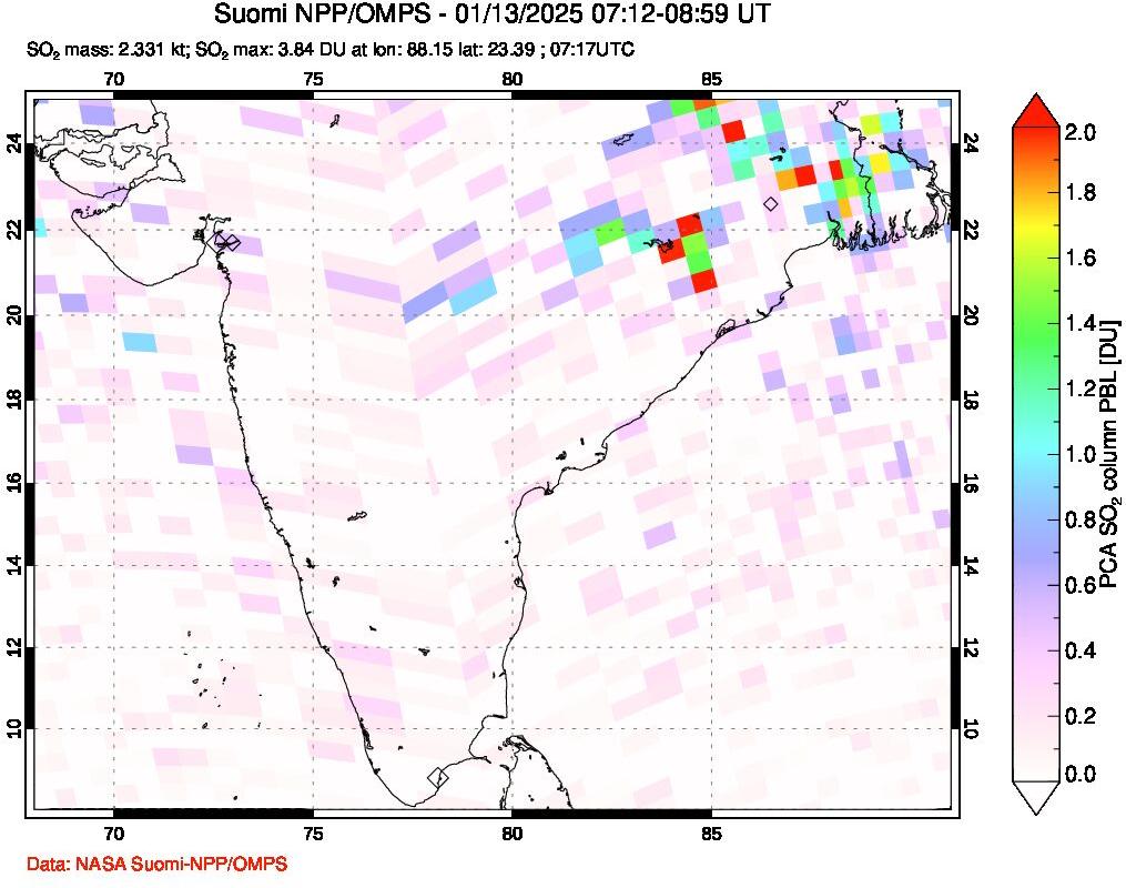 A sulfur dioxide image over India on Jan 13, 2025.