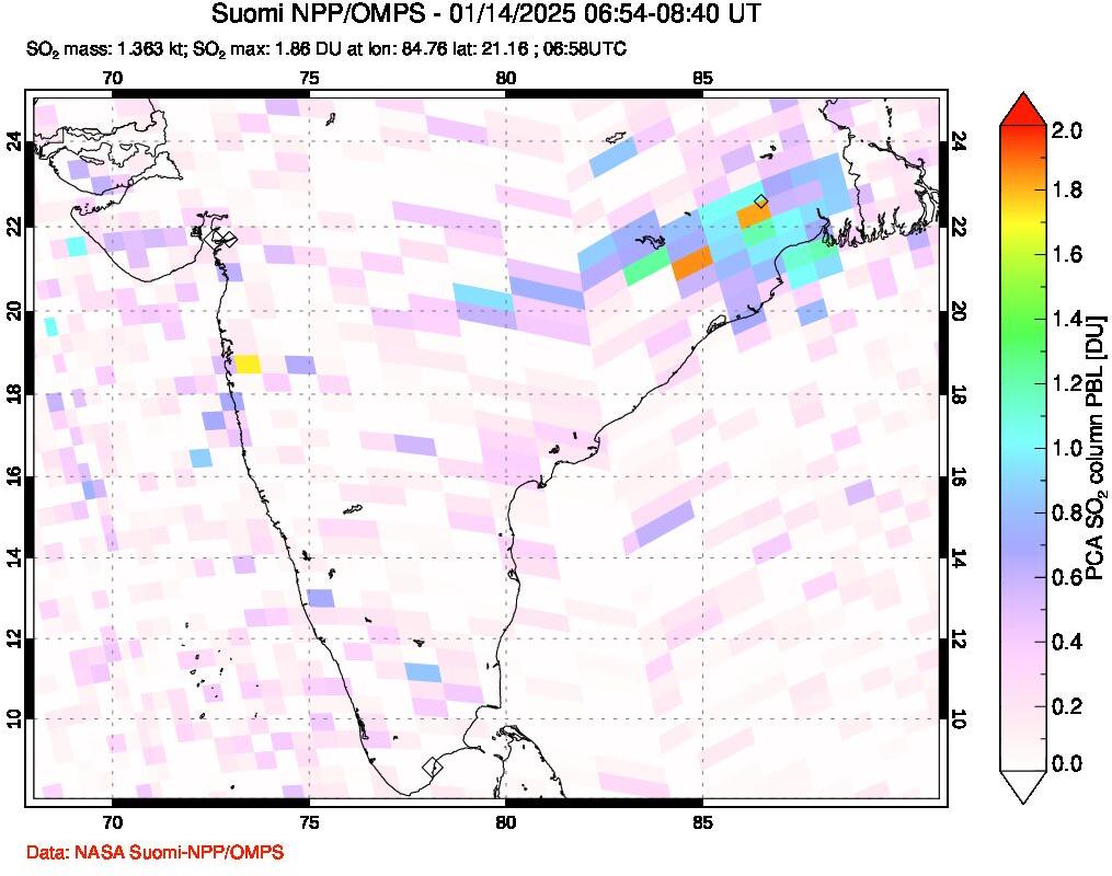 A sulfur dioxide image over India on Jan 14, 2025.