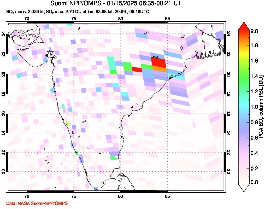 A sulfur dioxide image over India on Jan 15, 2025.