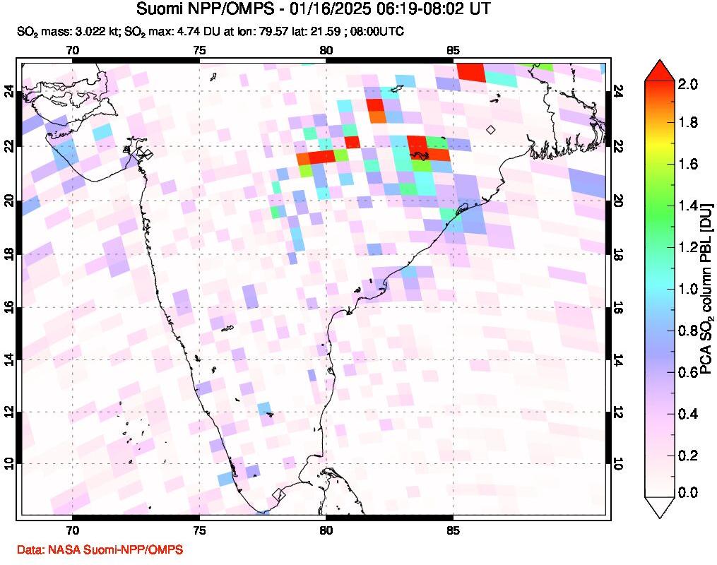 A sulfur dioxide image over India on Jan 16, 2025.