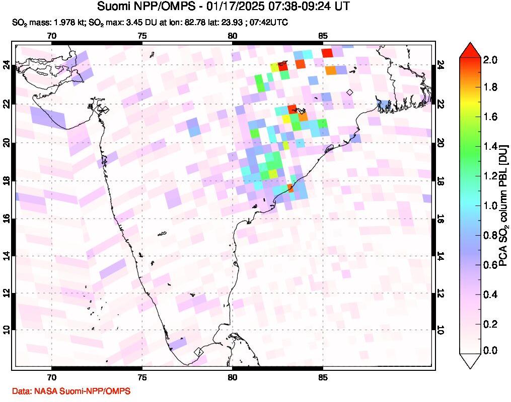 A sulfur dioxide image over India on Jan 17, 2025.