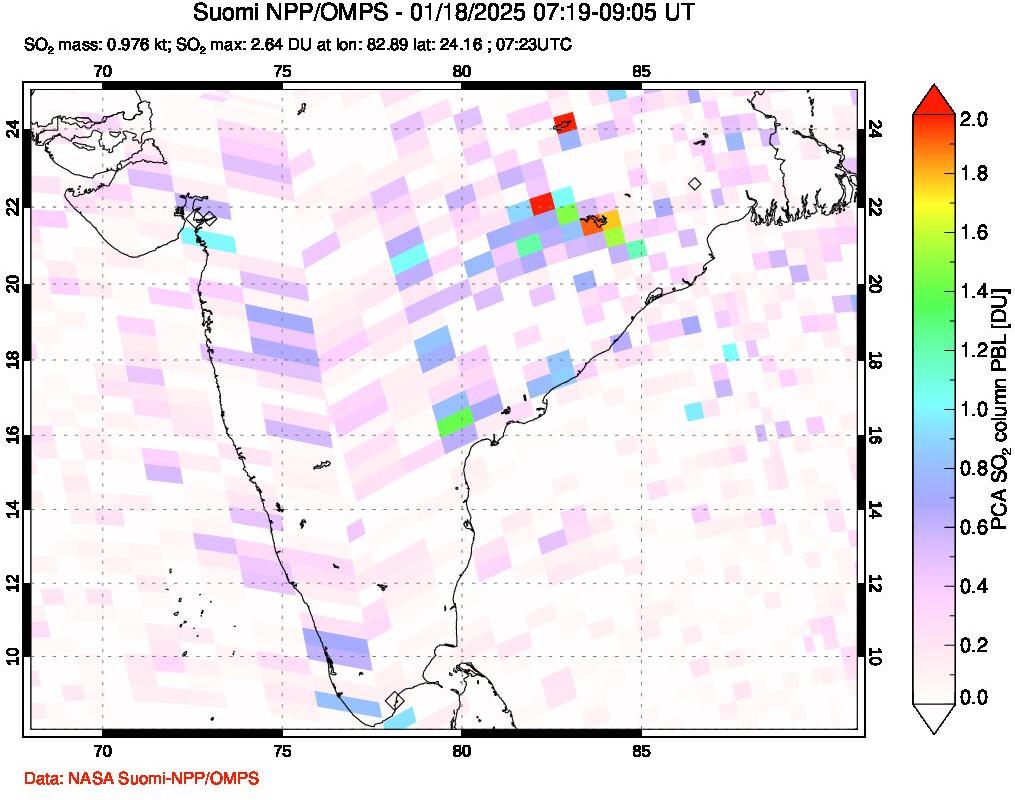 A sulfur dioxide image over India on Jan 18, 2025.