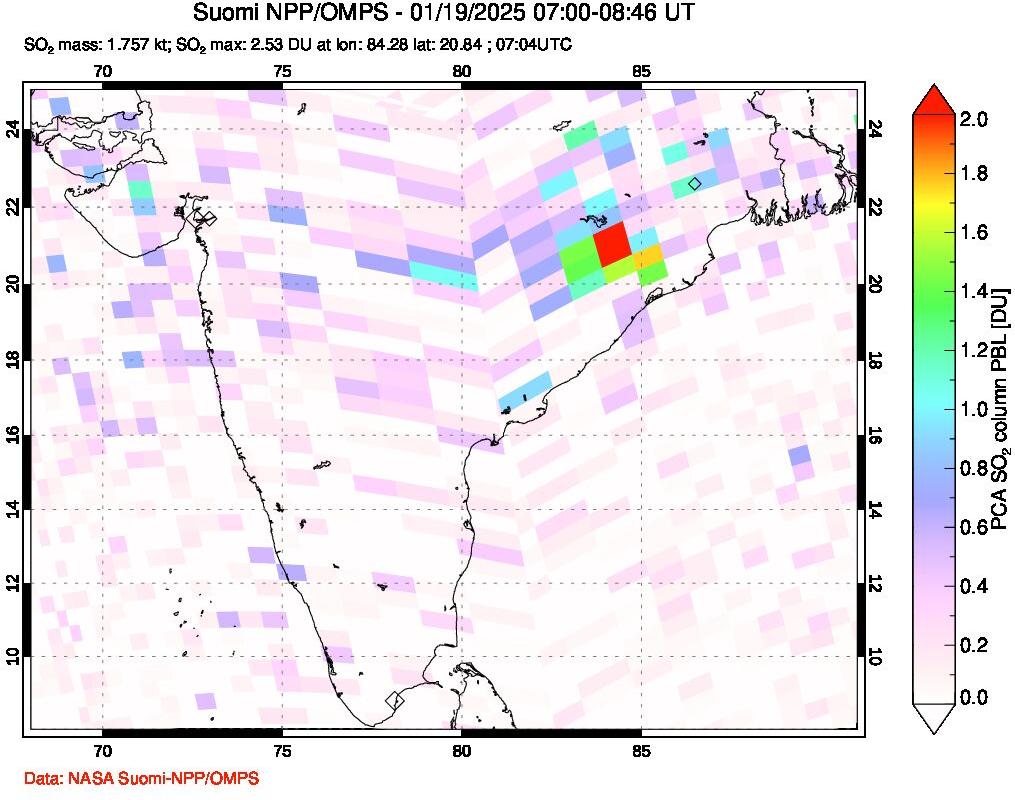 A sulfur dioxide image over India on Jan 19, 2025.