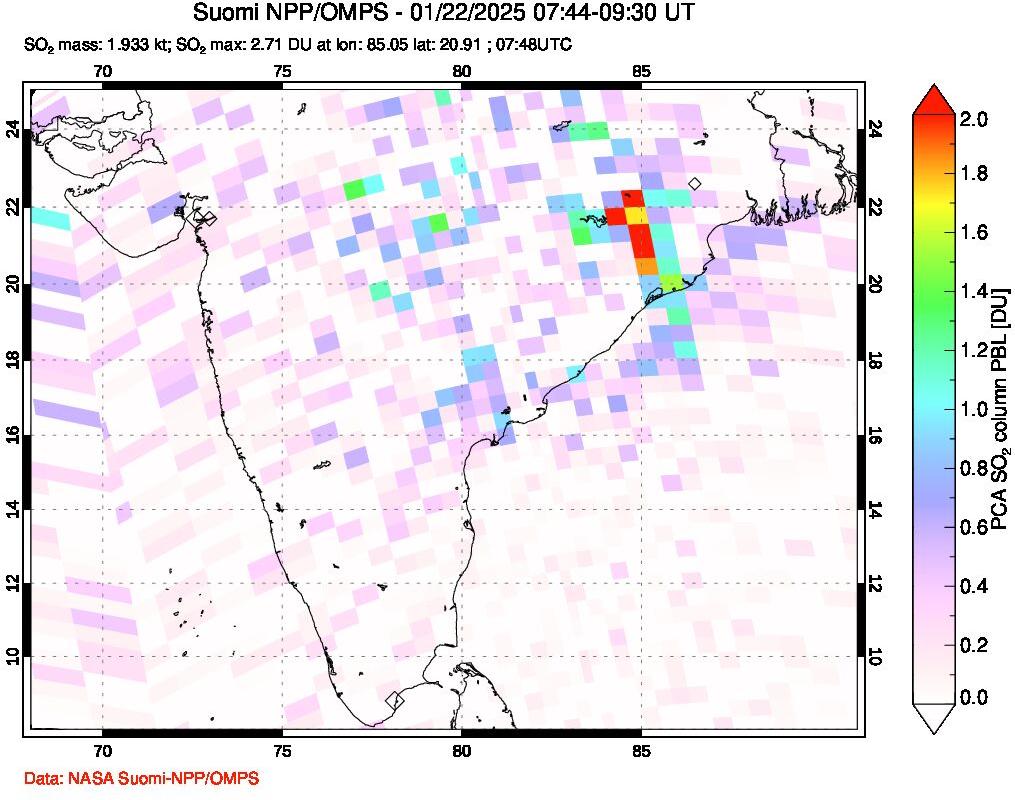 A sulfur dioxide image over India on Jan 22, 2025.