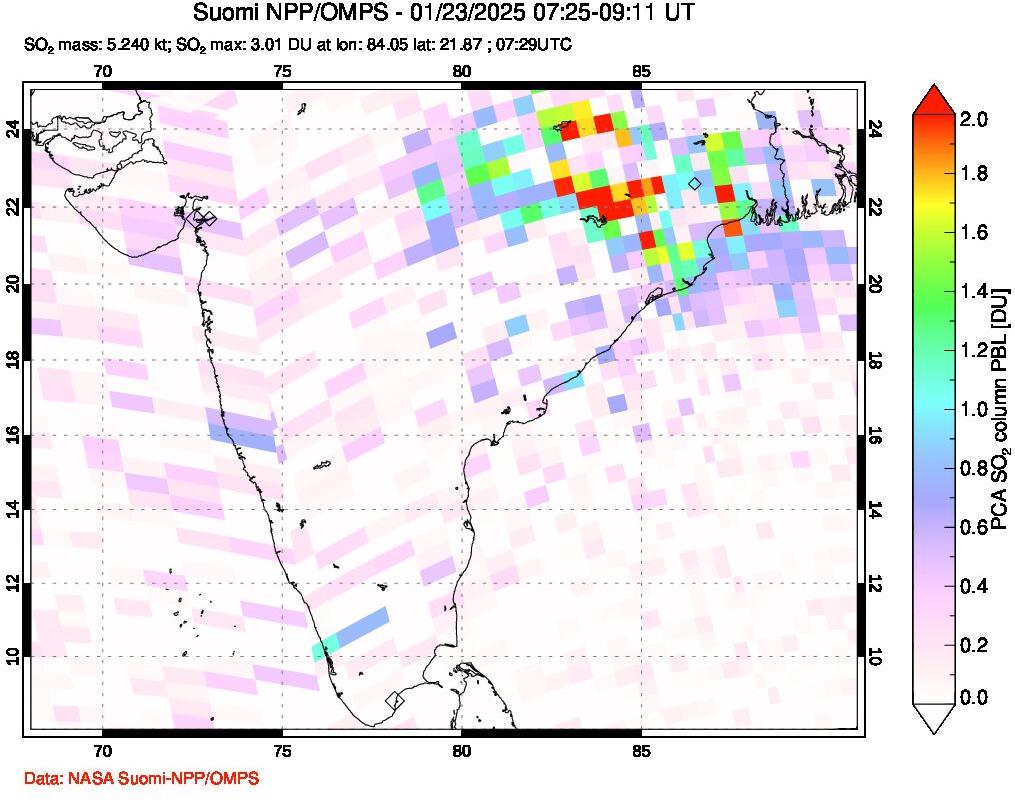 A sulfur dioxide image over India on Jan 23, 2025.