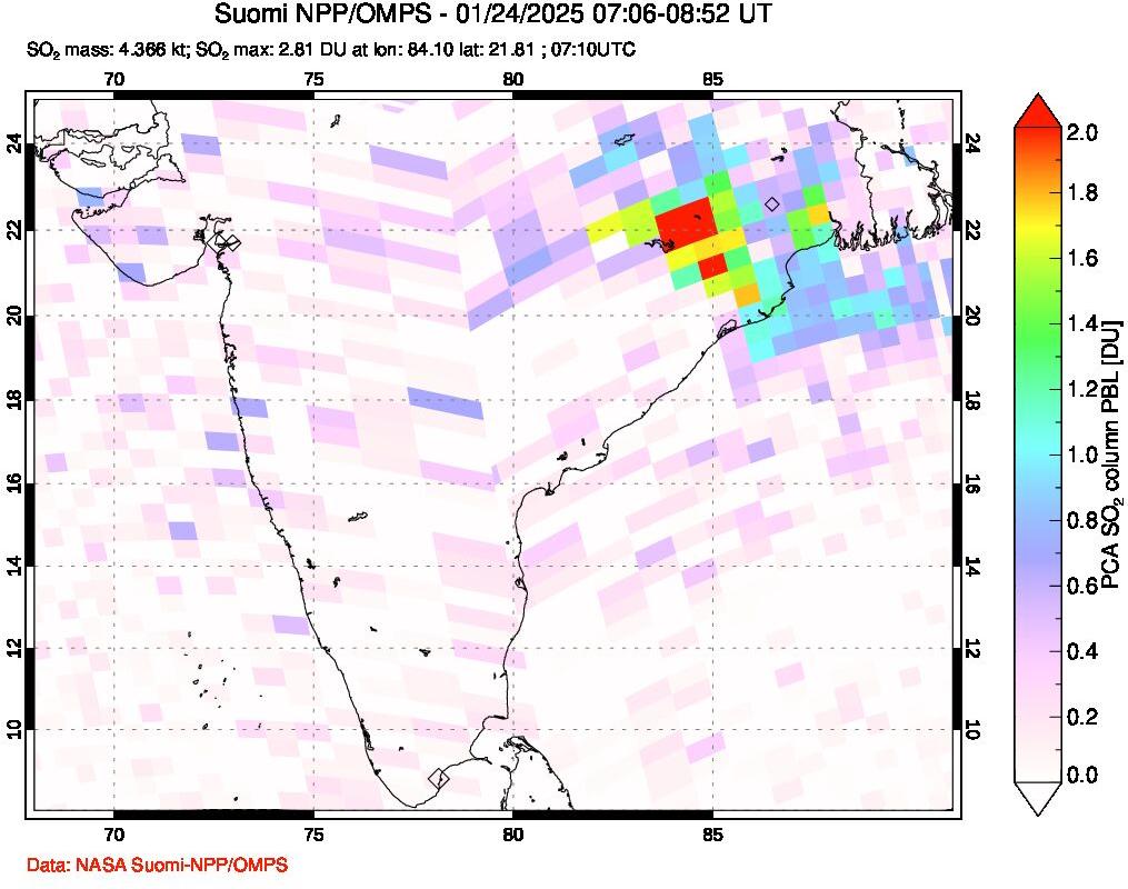 A sulfur dioxide image over India on Jan 24, 2025.