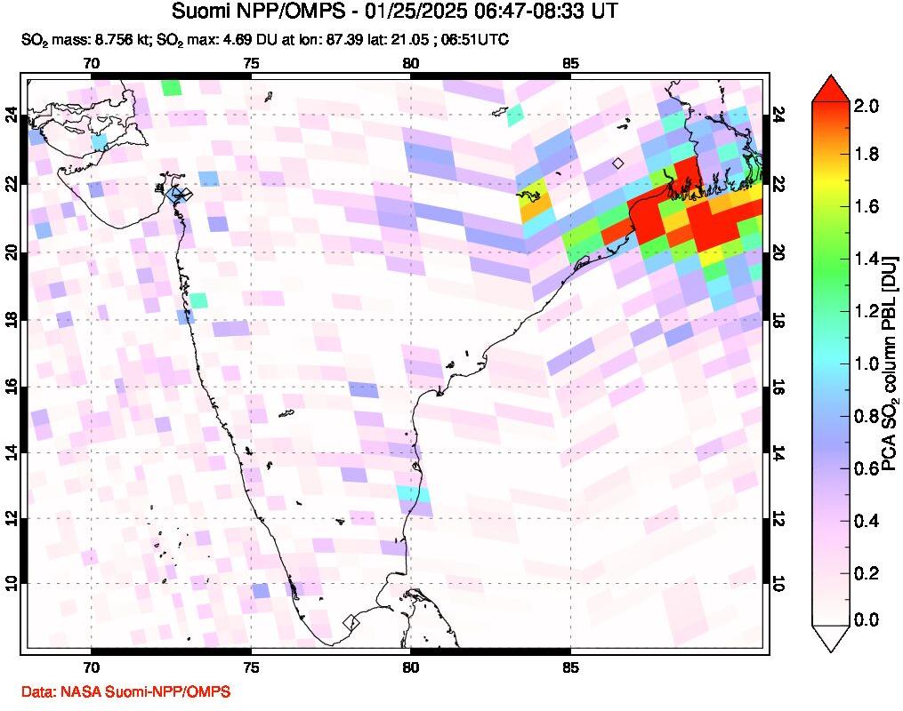 A sulfur dioxide image over India on Jan 25, 2025.