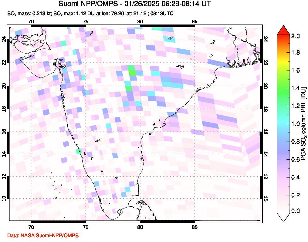 A sulfur dioxide image over India on Jan 26, 2025.