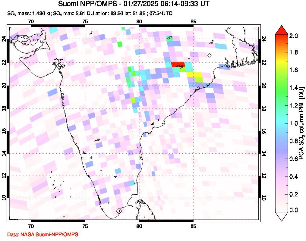 A sulfur dioxide image over India on Jan 27, 2025.