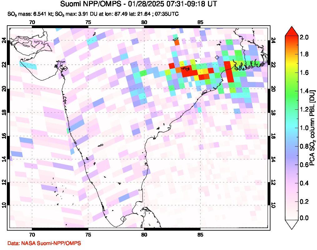 A sulfur dioxide image over India on Jan 28, 2025.