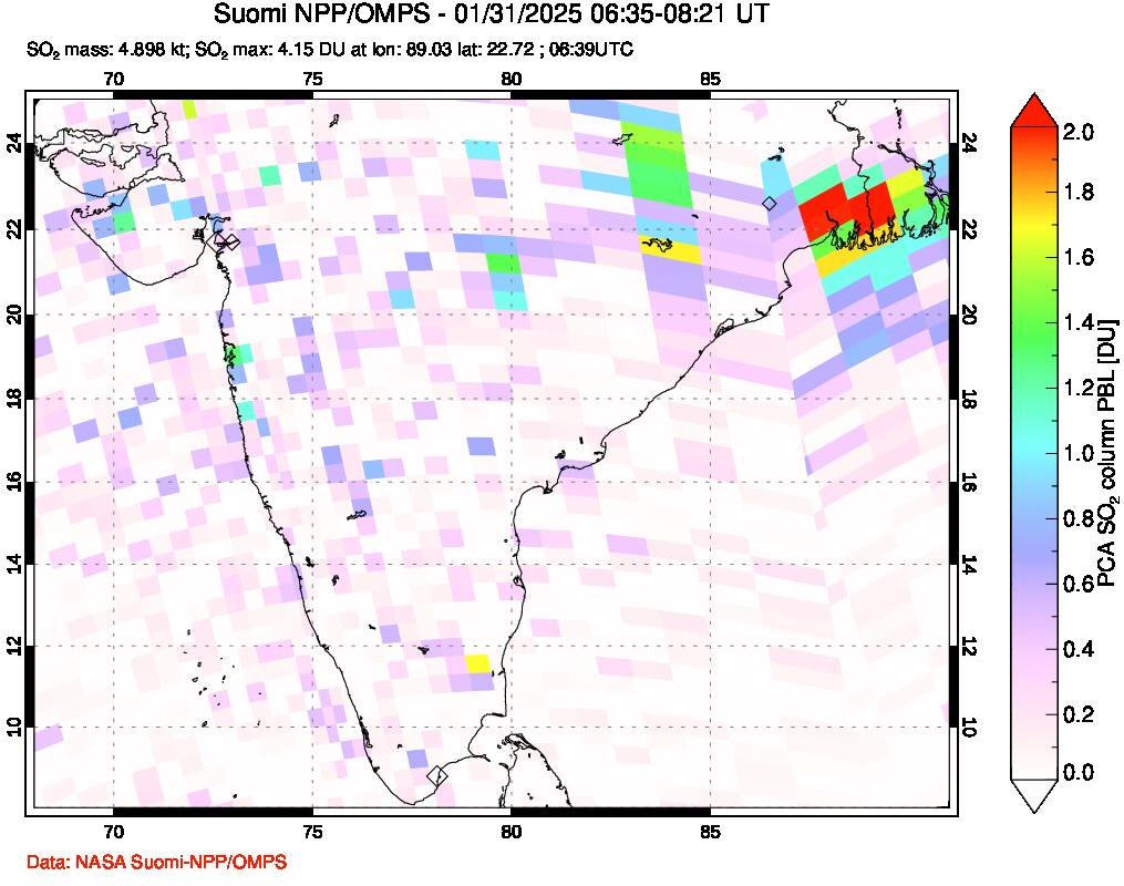 A sulfur dioxide image over India on Jan 31, 2025.