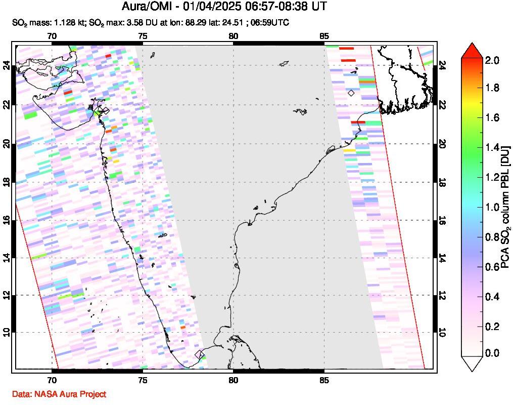 A sulfur dioxide image over India on Jan 04, 2025.