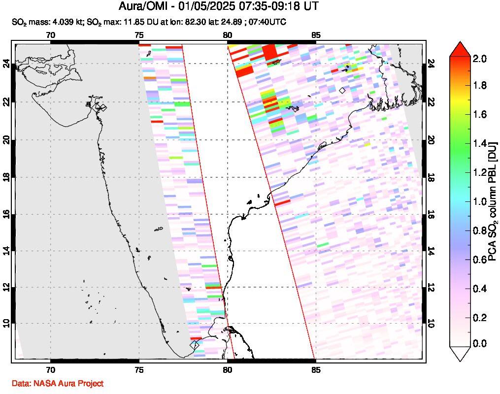 A sulfur dioxide image over India on Jan 05, 2025.