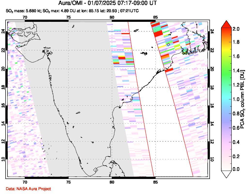 A sulfur dioxide image over India on Jan 07, 2025.