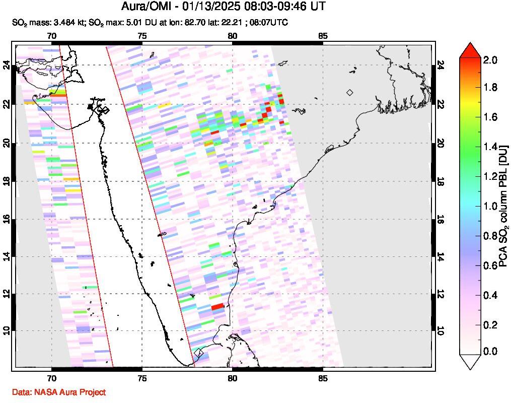 A sulfur dioxide image over India on Jan 13, 2025.