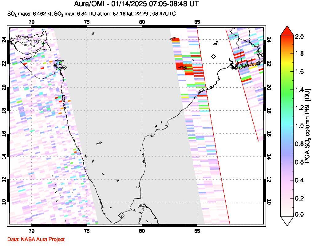 A sulfur dioxide image over India on Jan 14, 2025.