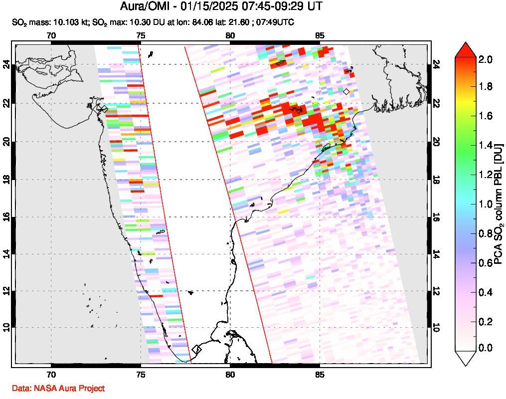 A sulfur dioxide image over India on Jan 15, 2025.