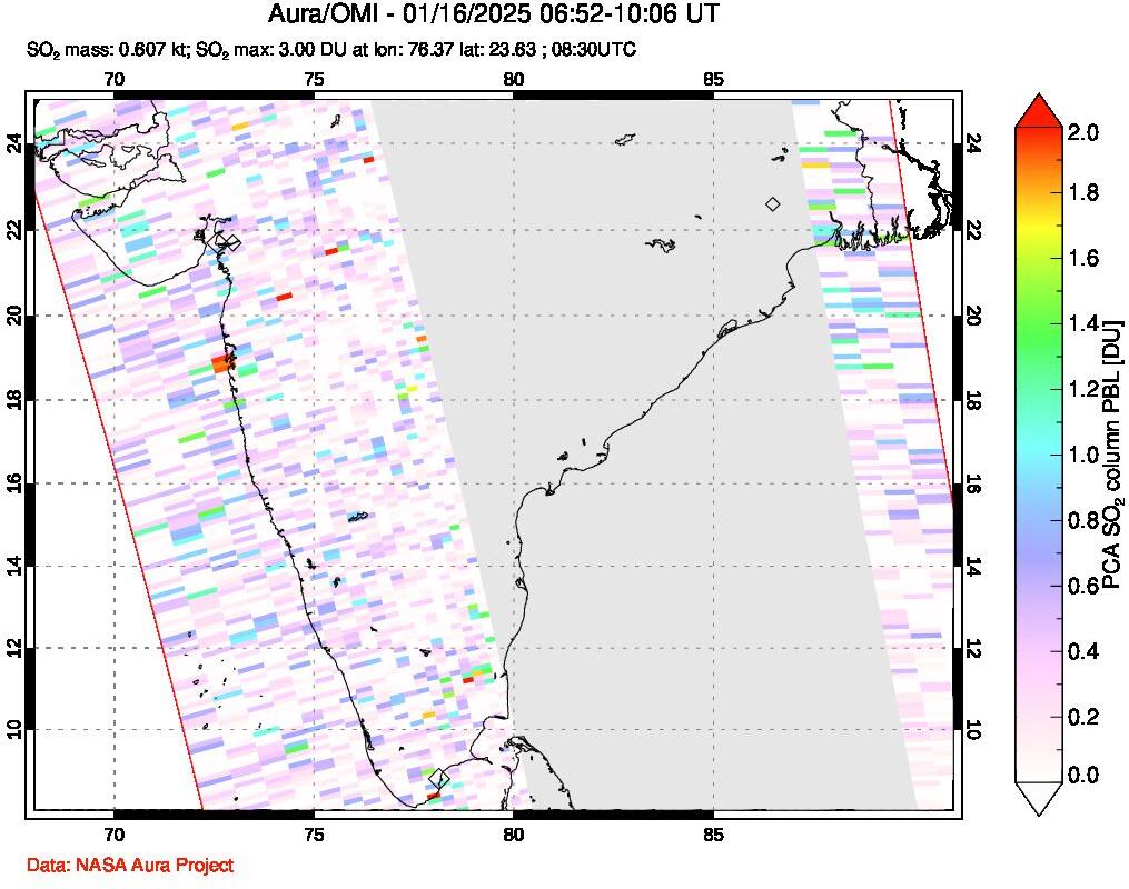 A sulfur dioxide image over India on Jan 16, 2025.