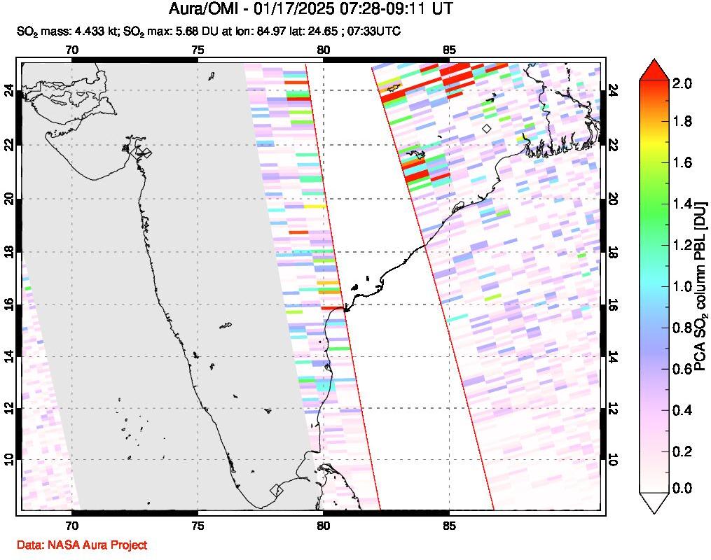 A sulfur dioxide image over India on Jan 17, 2025.