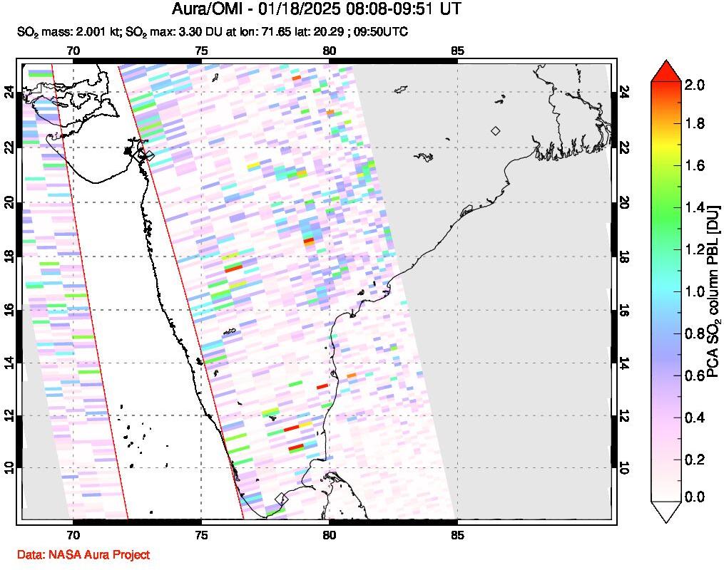 A sulfur dioxide image over India on Jan 18, 2025.