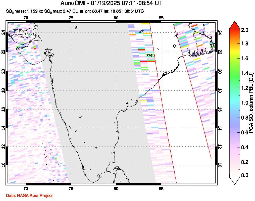 A sulfur dioxide image over India on Jan 19, 2025.