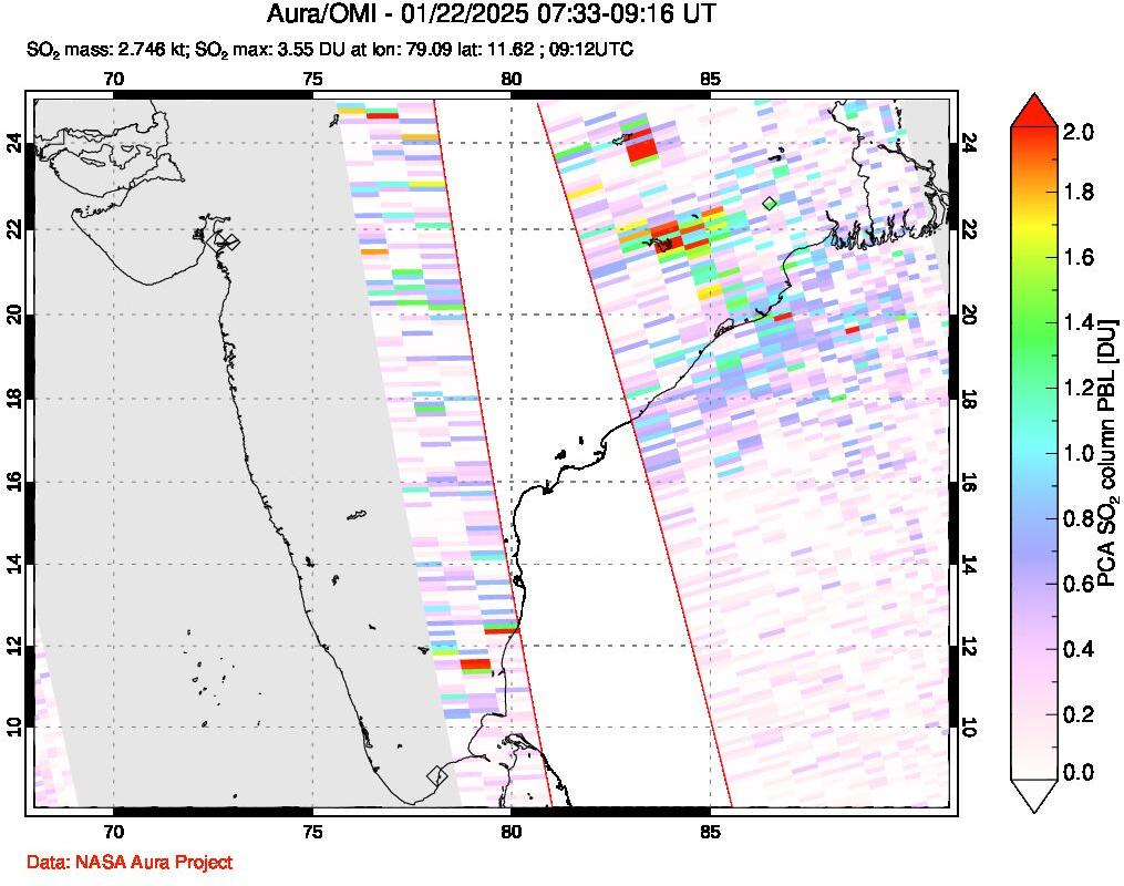 A sulfur dioxide image over India on Jan 22, 2025.