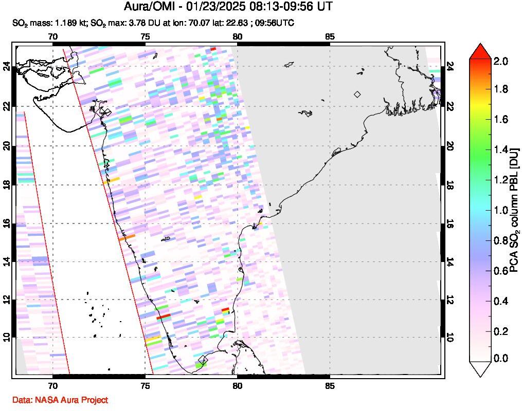 A sulfur dioxide image over India on Jan 23, 2025.