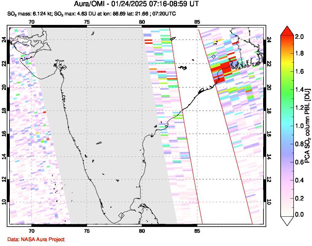 A sulfur dioxide image over India on Jan 24, 2025.