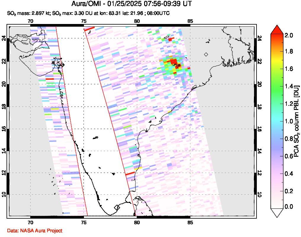 A sulfur dioxide image over India on Jan 25, 2025.