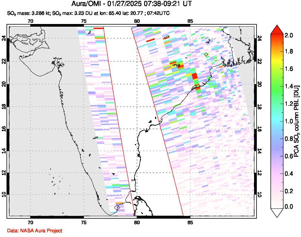 A sulfur dioxide image over India on Jan 27, 2025.