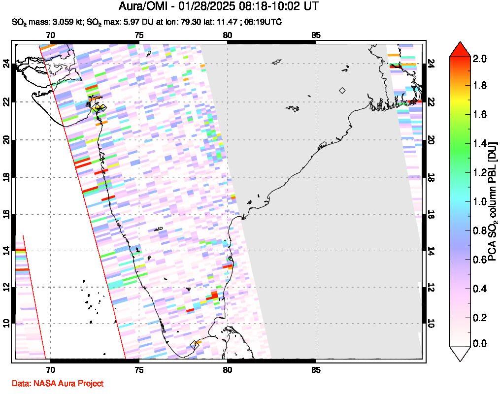 A sulfur dioxide image over India on Jan 28, 2025.