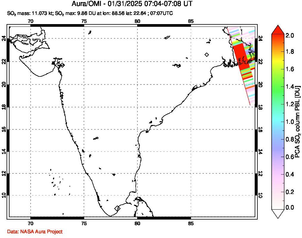 A sulfur dioxide image over India on Jan 31, 2025.