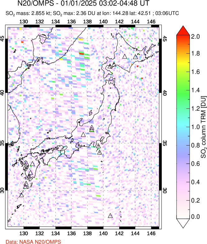 A sulfur dioxide image over Japan on Jan 01, 2025.