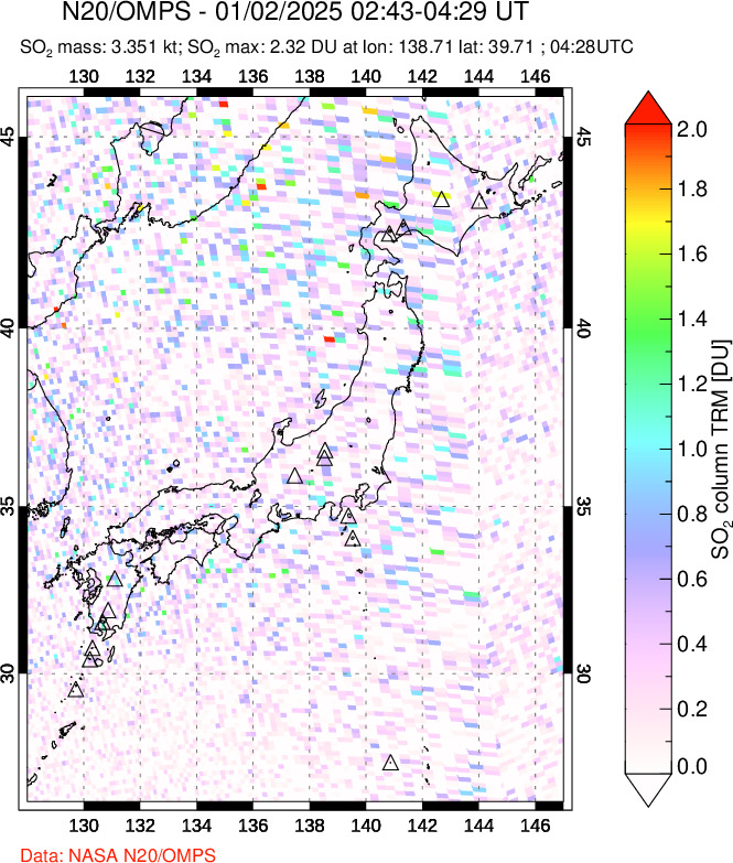 A sulfur dioxide image over Japan on Jan 02, 2025.