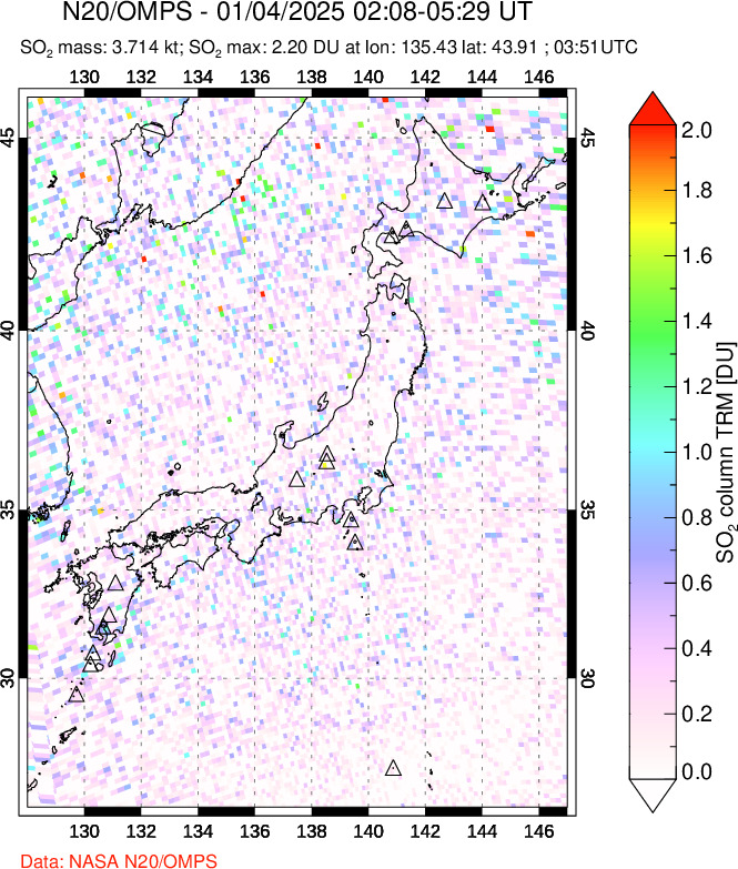 A sulfur dioxide image over Japan on Jan 04, 2025.