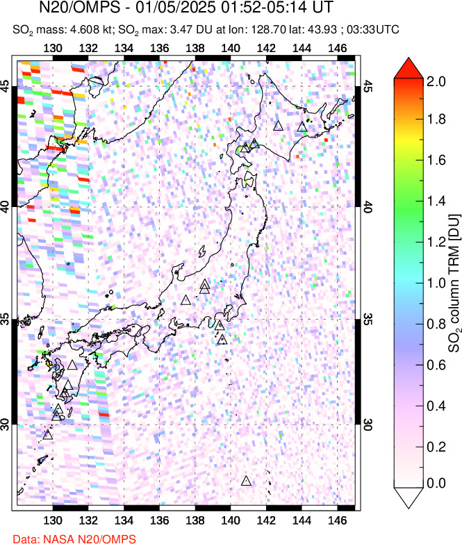 A sulfur dioxide image over Japan on Jan 05, 2025.