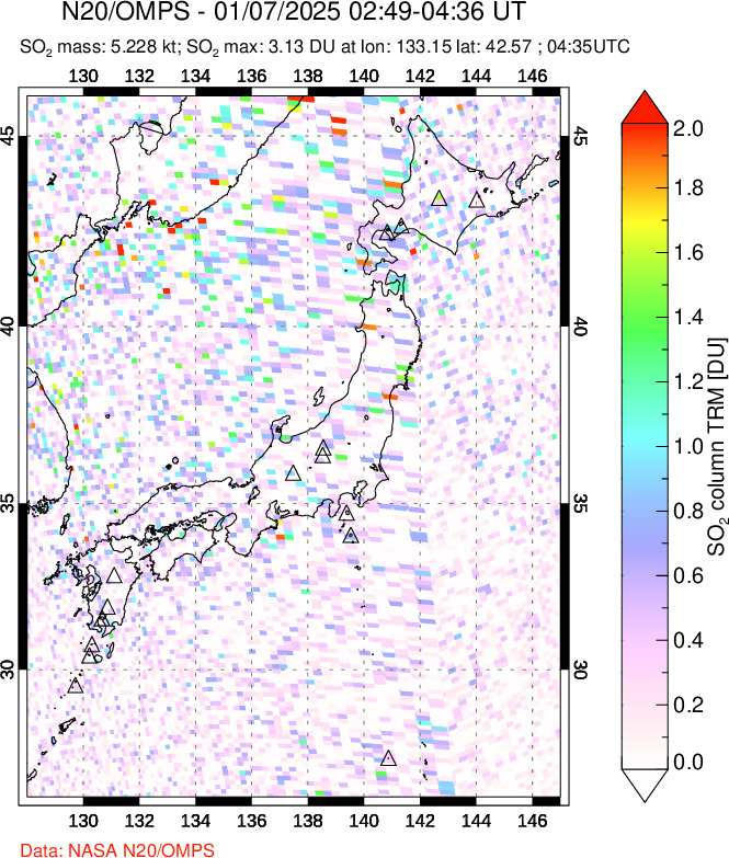 A sulfur dioxide image over Japan on Jan 07, 2025.