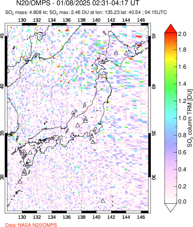 A sulfur dioxide image over Japan on Jan 08, 2025.