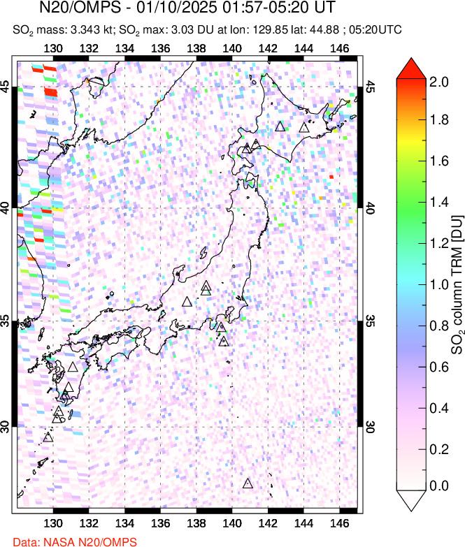 A sulfur dioxide image over Japan on Jan 10, 2025.