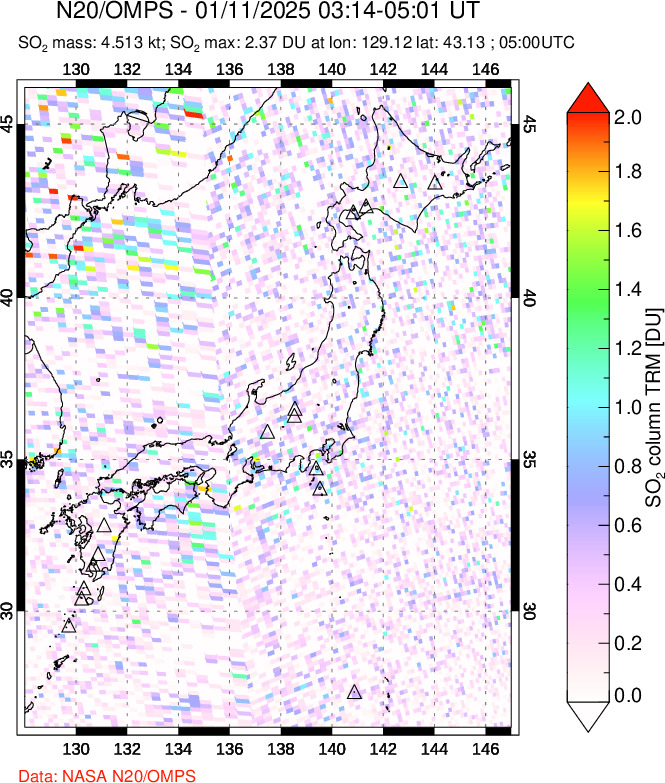 A sulfur dioxide image over Japan on Jan 11, 2025.