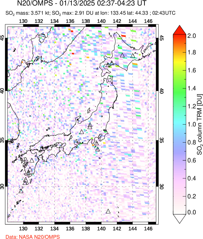 A sulfur dioxide image over Japan on Jan 13, 2025.