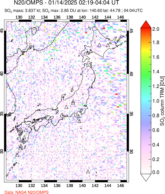 A sulfur dioxide image over Japan on Jan 14, 2025.