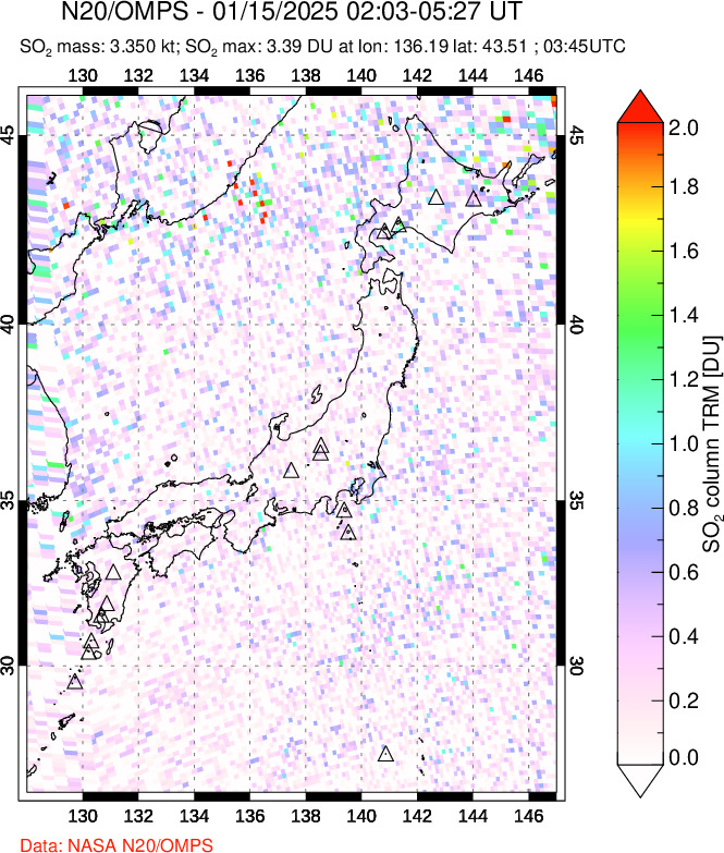 A sulfur dioxide image over Japan on Jan 15, 2025.