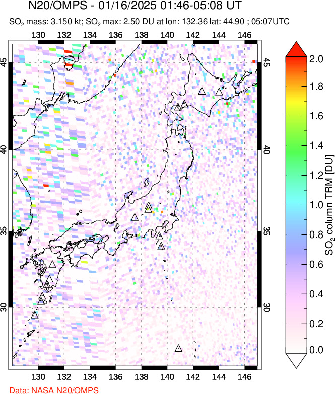 A sulfur dioxide image over Japan on Jan 16, 2025.