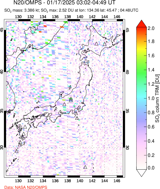 A sulfur dioxide image over Japan on Jan 17, 2025.