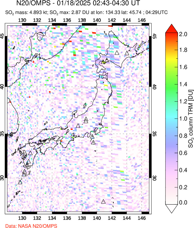 A sulfur dioxide image over Japan on Jan 18, 2025.