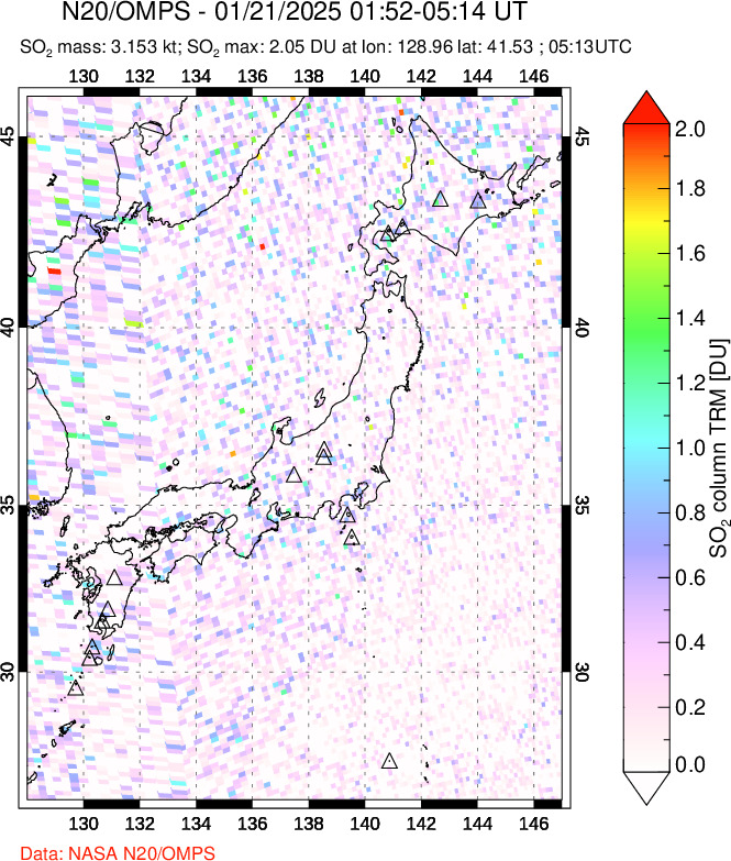 A sulfur dioxide image over Japan on Jan 21, 2025.