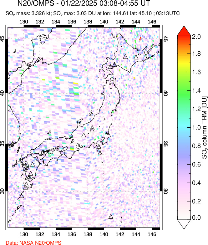 A sulfur dioxide image over Japan on Jan 22, 2025.