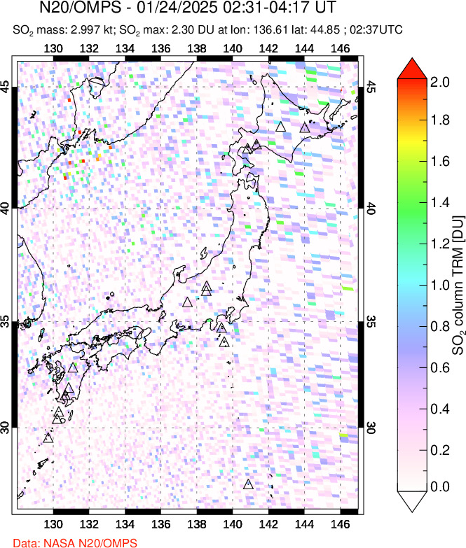 A sulfur dioxide image over Japan on Jan 24, 2025.